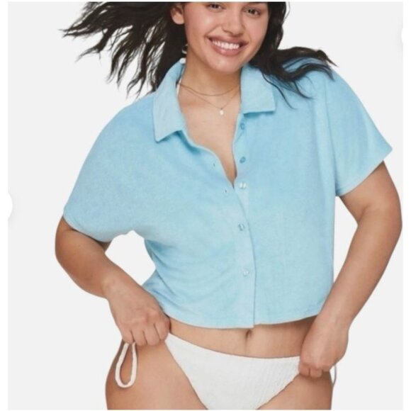 Andie Other - NEW Andie Swim Cropped Button Up‎ Lime Green Terry Cover Up Women's Size Medium